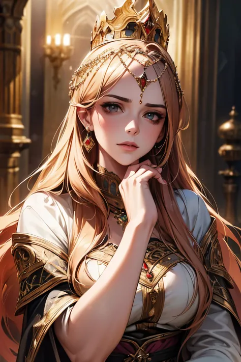 a beautiful queen, extremely detailed face and features, long flowing hair, mysterious expression, intricate and delicate jewelry, ornate crown, dramatic lighting, fantasy medieval castle interior, glowing magical aura, cinematic composition, muted color p...