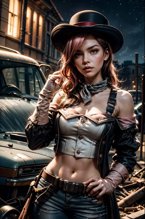 pink and brown hair, multicolored hair, neopolitanatlas, bowler hat, grey scarf, white gloves, white shirt, off-shoulder shirt, black sleeves, midriff, white belt, white pants, outdoors, post apocalyptic scene, future urban, cityscape, debris, bonfire, wre...