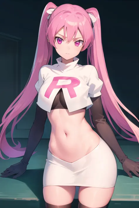 agkmine, mine, long hair, twintails, pink hair, (pink eyes:1.3),
break team rocket,team rocket uniform,white skirt,red letter r,...