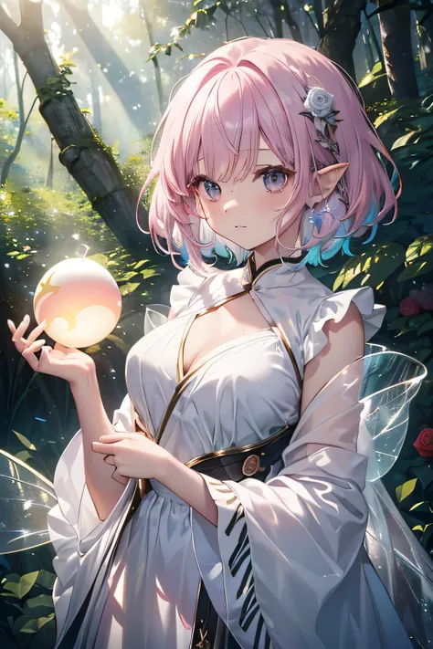 ((( cute forest fairy woman )))、Deep in the forest 、(((Wrapped in orbs ))),((( sunlight filtering through the trees illuminates her :1.3)))、(((silver and rose pink mixed color hair))),( shiny pixie cut hair),(detailed clothing features、Detailed hair featur...