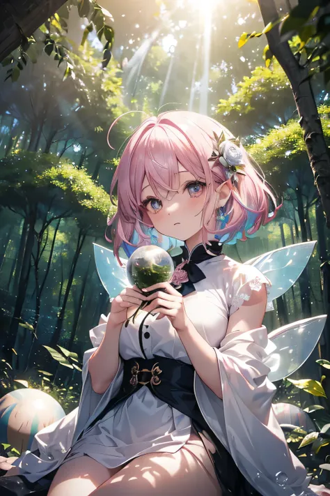 ((( cute forest fairy woman )))、Deep in the forest 、(((Wrapped in orbs ))),((( sunlight filtering through the trees illuminates her :1.3)))、(((silver and rose pink mixed color hair))),( shiny pixie cut hair),(detailed clothing features、Detailed hair featur...