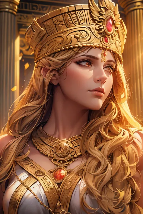 a beautiful goddess athena, best quality, ultra-detailed, long golden hair, background apollo temple, photorealistic, 8k, highly detailed portrait, intricate details, dramatic lighting, ornate architecture, neoclassical style, warm color tones, volumetric ...