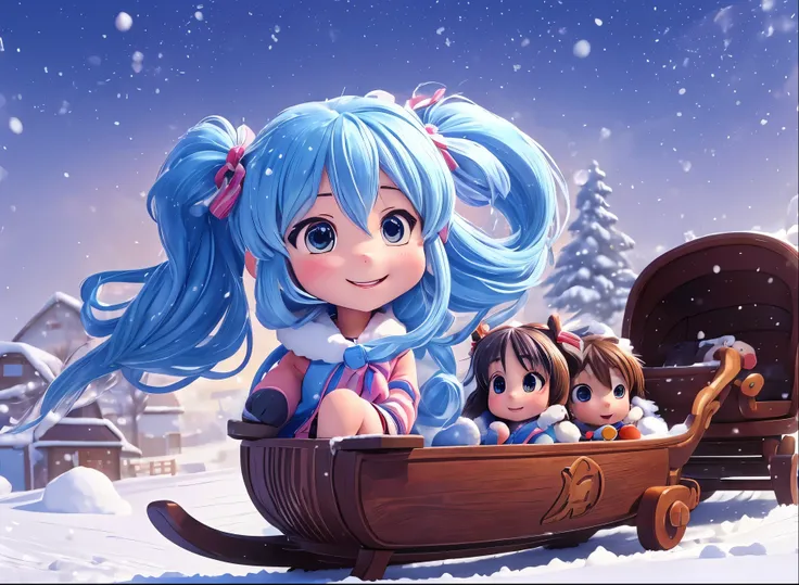 Anime girl sitting on a sleigh sliding in the snow, smile、 wearing a warm down 、 light blue long hair playing a handbell、 girl with twin tails 、 pet dog running with sleigh in warm down 、 snow smoke splash art、Anime aesthetics,,  Anime Art Wallpaper 8K、 be...