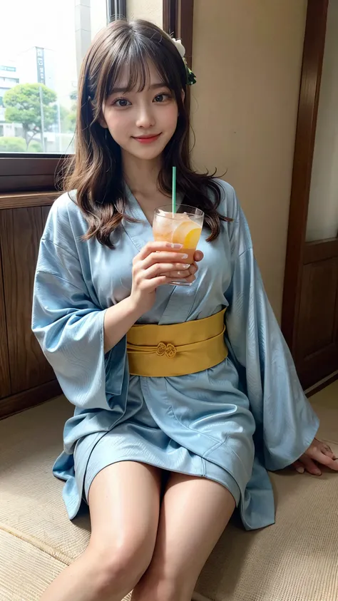 iny figure in a large environment , zoomed out , sitting by the window、Im drinking a clear drink,Lemon sour, Alone,  very cute ,  1 Japanese idol , 20 years old、 symmetrical eyes next to woman ,  eyelash ,  very thin skin with great attention to detail , c...