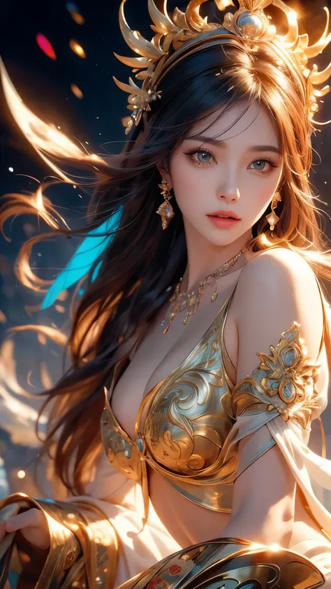 Mysterious goddess, woman in her 20s, beautiful large detailed eyes, beautiful detailed lips, mysterious and graceful pose, floating in a surrealistic landscape, glowing aura, ornate headdress, flowing robes, dramatic lighting, vibrant colors, (top quality...