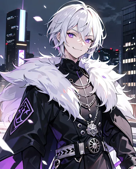 Man, White hair, light purple eyes, Black fur coat, 1 person, smirk, solo, sword, on city 