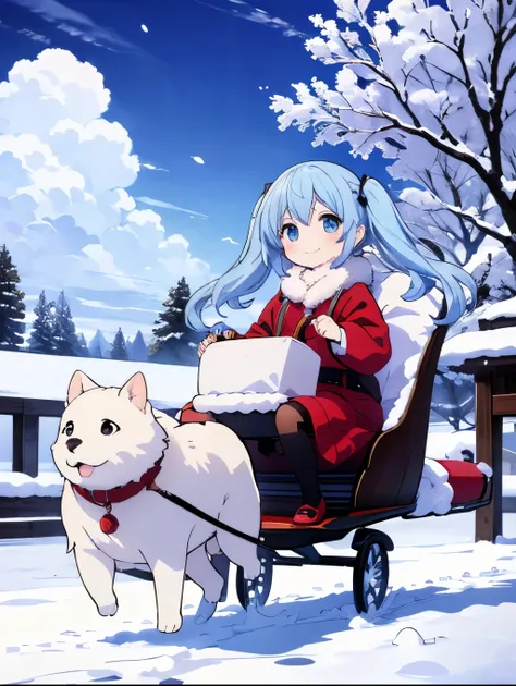  long blue hair、 girl with twin tails 、Anime girl sitting on a sleigh sliding in the snow, smile、 wearing a warm down 、、 pet dog running with sleigh in warm down 、 snow smoke splash art、Anime aesthetics,,  Anime Art Wallpaper 8K、 beautiful anime artwork 