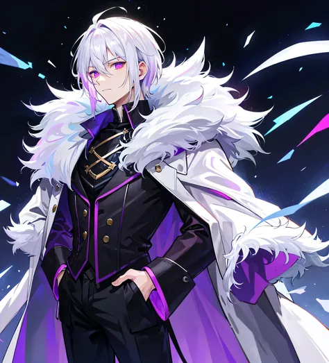 A man，Handsome，spiky White Hair, glowing purple eyes,  nightcity，Sateen,  Wizard Millitary black with white fur coat large，Put your hands in your pockets