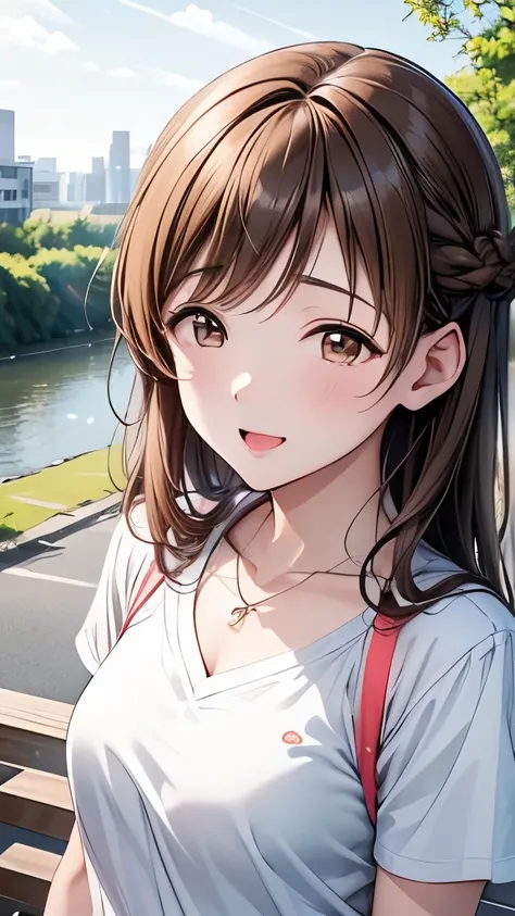   best quality 、 high definition 、 high definition、 high definition 、 sports gym、(Nitta Minami、 long hair、 medium chest 、 brown hair、 Brown Eyes 、 glossy lips in the ruins of the city、 GROWING SKIN、 realistic skin texture、 neat spring clothes close to me 、...