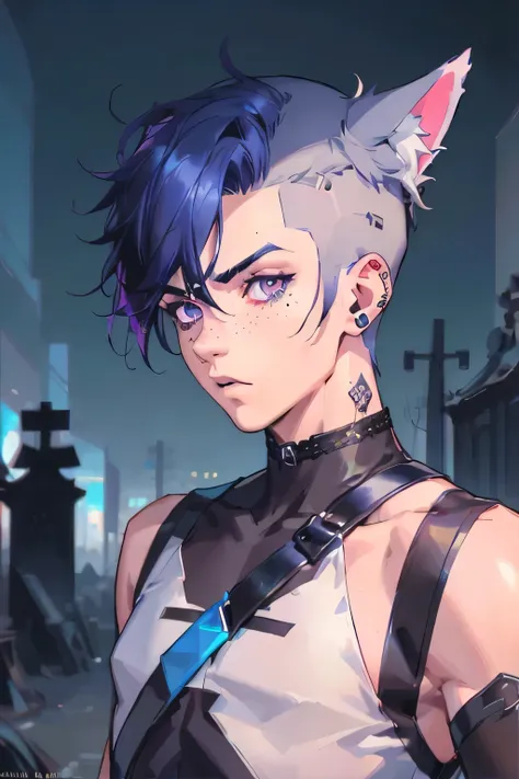 male,a punk man with an undercut hairstyle, wearing a crop top, shaved hair, pale skin, purple eyes, blue hair, dog ears, freckl...