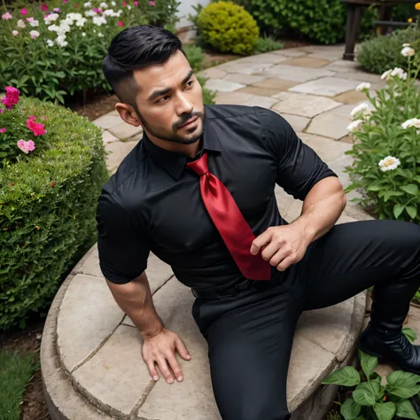 35years old, One Man,、 black shirt、Red tie、 black slim pants 、 Black Gloves 、 black boots 、Combatant、With a pistol on his hip、garden、　 sit with legs open。short hair 、更にshort hair 、 undercut 、Stubble　Muscular　Asian Face　 black shirt 　View from below　Upper b...