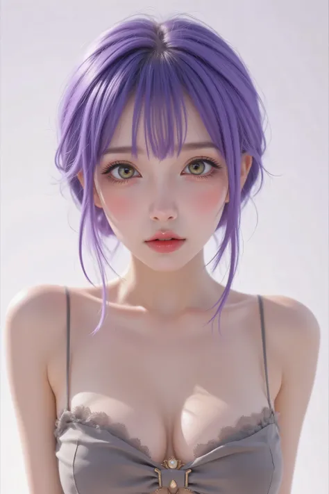 (masterpiece, highres, high resolution:1.2), anime 20 yo girl, portrait, shoulders up, illustration. drawn, violet hair, asian girl, green eyes, blushing, solo, surprised, freckles, big lips, huge breasts, perfect body, wearing a tube top, no hands.