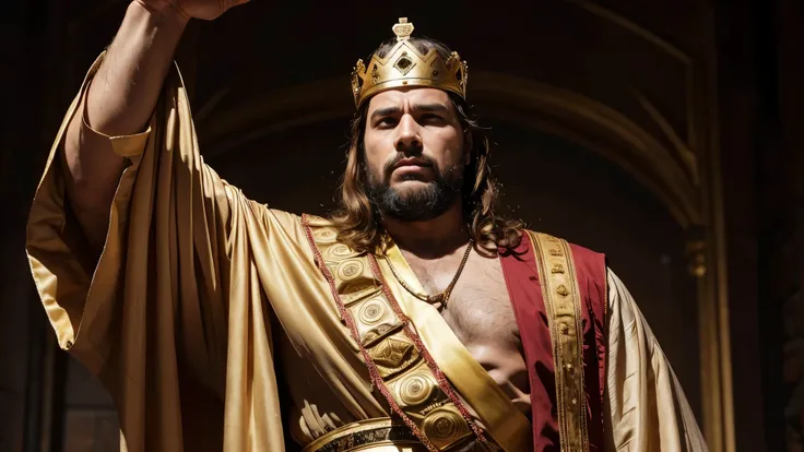 A man, light brown, dressed as a king, crowned as king of Israel.
Firm and imposing look