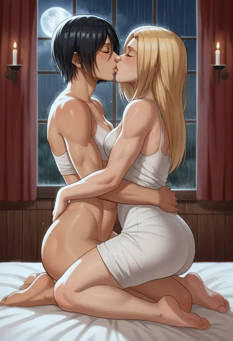 score_9, score_8_up, score_7_up, BREAK source_anime, historia reiss, blue eyes, blonde hair, long hair, medium breasts, long white dress sleeveless,female black hair soldier hugs historia,Mikasa with historia hugs,mikasa wreanig open green jacket and black...