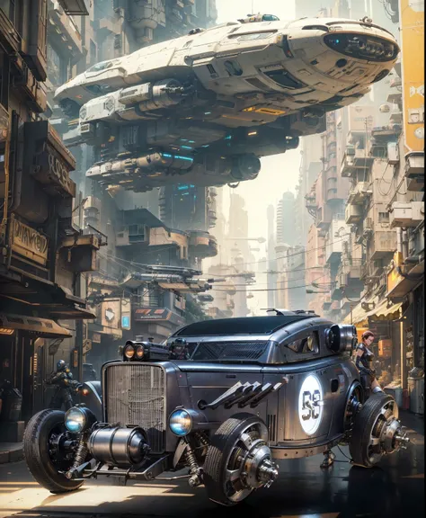 there is an armed hover hot rod hovering in the cyber street with a large spaceship in the background, futuristic dieselpunk street, dieselpunk city, futuristic cars and mecha robots, photorealistic blade runner, cyberpunk garage on jupiter, dieselpunk atm...