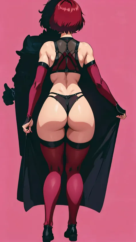 one solo girl, short hair, bob cut, (90s anime style, retro anime style), burgundy thong, burgundy bra, burgundy elbow gloves, burgundy thigh highs, gothic style, emo dark girl, (simple background), 2b nier automata, standing, full body, barefoot, back vie...