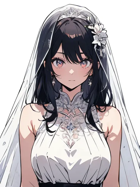 (     best quality ,  x} top:1.2),(    anime style ,Comic Core:1.1), Girl relaxing ,    upper body,Adorable,  High-resolution eyes  ,       wear a wedding dress、 has a very detailed face   ,Very Fine Hair,8k,   Black and white  ,Plain white background，Spar...