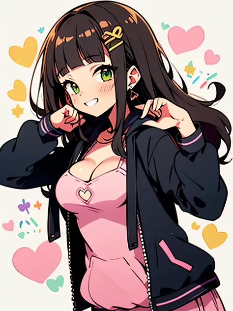 sideview,looking at viewer,Alone,upperbody,brown long hair,(blunt bangs),green eyes,whte hoodie,hoodie front opening 、(open jacket cleavage cutout,sexy very small breast)、( idol costume)、 ruffle mini skirt、,sexy pose,grin,white simple background、,(manga st...