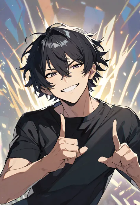 man,  Smiling , Raise two fingers, Look straight ahead, Black hair,  black shirt