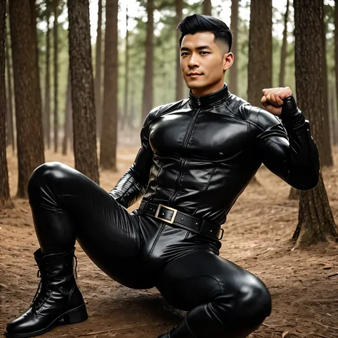 27years old, One Man,Muscular、Black bodysuit、black leather pants、Shocker Belt、 Black Gloves 、 black boots 、Combatant、Combat pose、With a pistol on his hip、In the woods、Surrounding explosions and blast waves　 spread your legs and 　Unfold and sit。Gay、logic, ,...