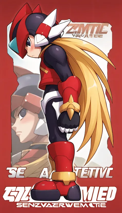  poster in a theater,  upper body, blush, profile ,(masterpiece, zerommz, score_9, source_anime, solo, full body, 1boy, helmet, blonde hair, long hair, crop top, black eyes, gauntlets, crotch plate, boots