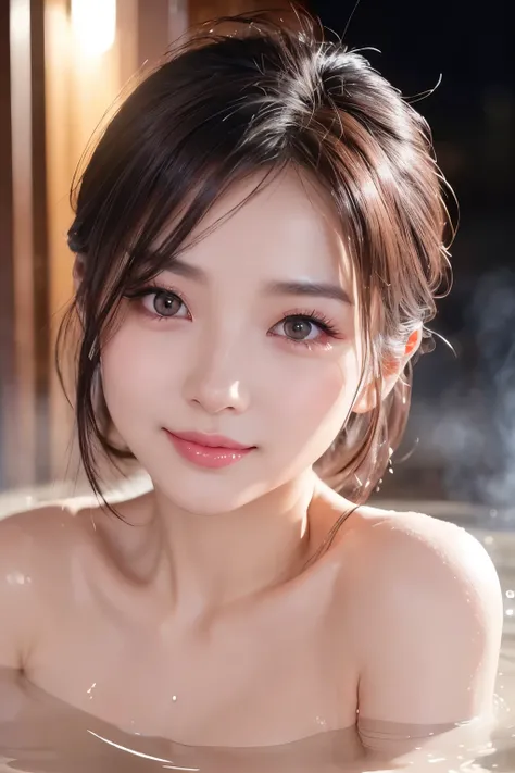 (NSFW:1.1)、 photorealistic、( Perfect Anatomy)female 1 person、age: 32、 the hairstyle is wolf cut 、Applying blush to the cheeks、 wearing silver colored contact lenses、There are light eyeshadows、 lips are pink and glossy、smile、The hair is wet 、Sweat is drippi...