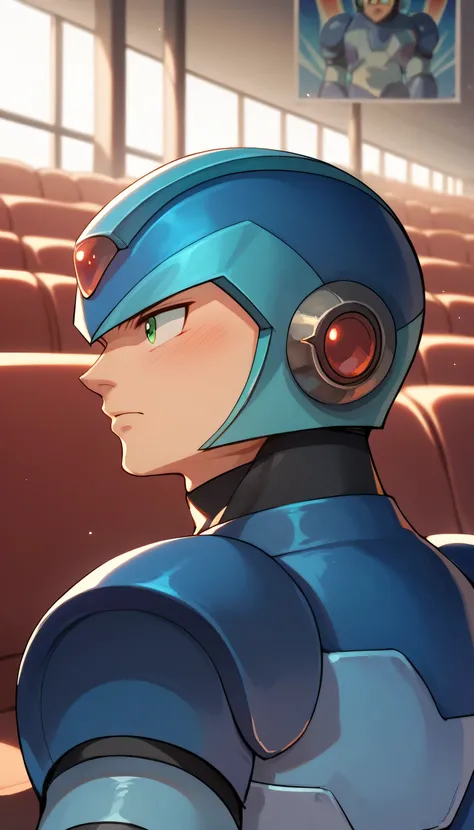  poster in a theater,  upper body, blush, profile ,(masterpiece, 1boys,X Android, blue bodysuit, blue armor, helmet, green eyes,solo
