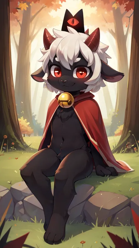 score_9,score_8_up,score_7_up, source_cartoon, source_furry, Furry shota, lamb, "Cult of the lamb", red eyes, (black body fur), black nose, small horns, white hair, spiky hairstyle, short hair, full body, detailed body fur, detailed body, detailed eyes, gl...