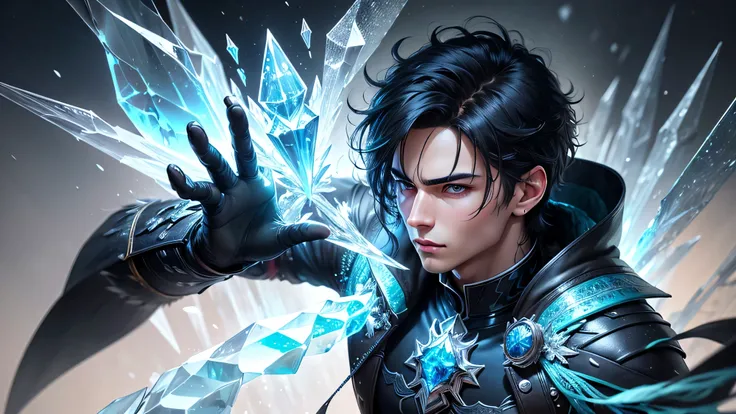 a handsome anime boy with black hair, beautiful detailed eyes, striking facial features, wearing clothes with ice crystal details, using ice magic powers, standing in a snowy landscape with snowflakes falling in the background, (best quality,4k,8k,highres,...