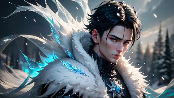 a handsome anime boy with black hair,detailed facial features,ice crown on head,clothes with ice details,using ice magic,snowy background,(best quality,4k,8k,highres,masterpiece:1.2),ultra-detailed,(realistic,photorealistic,photo-realistic:1.37),intricate ...