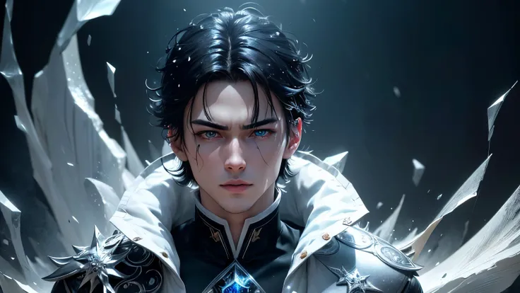 a handsome anime boy with black hair,detailed facial features,ice crown on head,clothes with ice details,using ice magic,snowy background,(best quality,4k,8k,highres,masterpiece:1.2),ultra-detailed,(realistic,photorealistic,photo-realistic:1.37),intricate ...