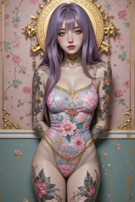 A mesmerizing surreal illustration of a young japanese woman. She has pastel purple hair with blunt bangs, blue eyes, and wears a vibrant purple and blue pastel colored outfit adorned with intricate floral patterns. Freckles dot her smooth, warm complexion...