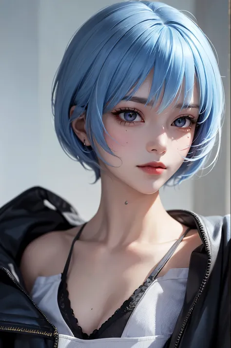 Masterpiece, Best Quality, 8K, Detailed Skin Texture, Detailed Cloth Texture, Beautiful Detail Face, Intricate Detail, Ultra Detailed, Portrait of Rei Ayanami, Blue Hair, Red Eyes, Looking Afar, No Background