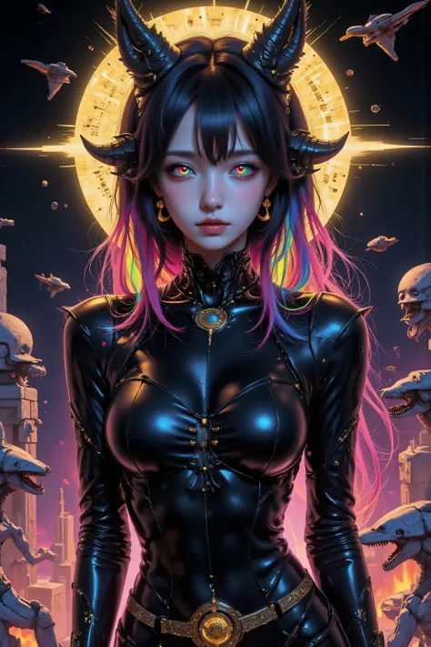 ((best quality)), ((masterpiece)), (detailed), perfect face of cyberpunk mecha japanese girl, neon rainbow eyes, metallic black body, rainbow hair, ((monochromatic neon rainbow color palette)), surreal, art nouveau, in the illustrative style of moebius, sp...