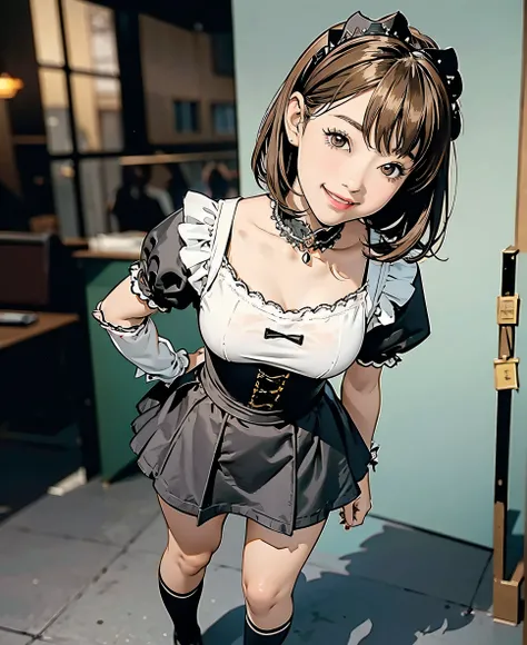 (1 girl) 、Create an " maid style cafe" scene where a beautiful dark gray-eyed Japanese young highschool girl .gold color highlight hair,ash brown color hair,(bangs,straight  hairstyle)、 Flat Color
BRAKE
 、breast size D cup、太もも、 (plump skin:0.8),1 girl, alo...