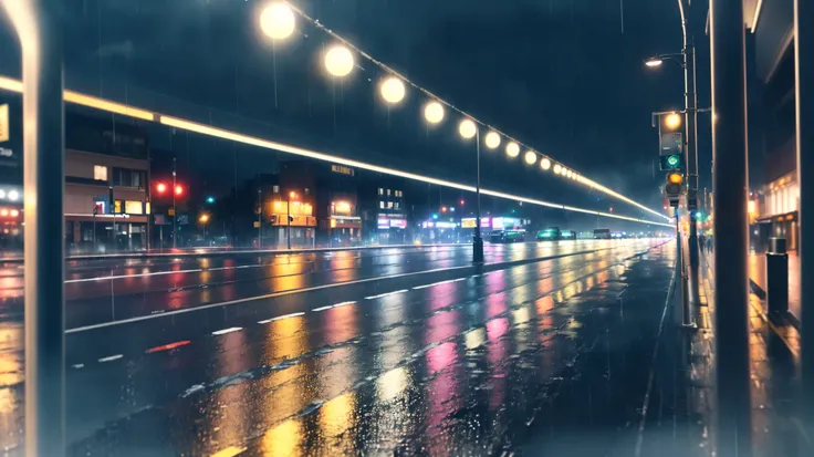 there is a bus that is driving down the street in the rain, rainy night city street, rainy street, rainy night, rainy city at night, rainy streets in the background, rainy urban streets, rainy evening, city at night in the rain, it is night and raining, ra...