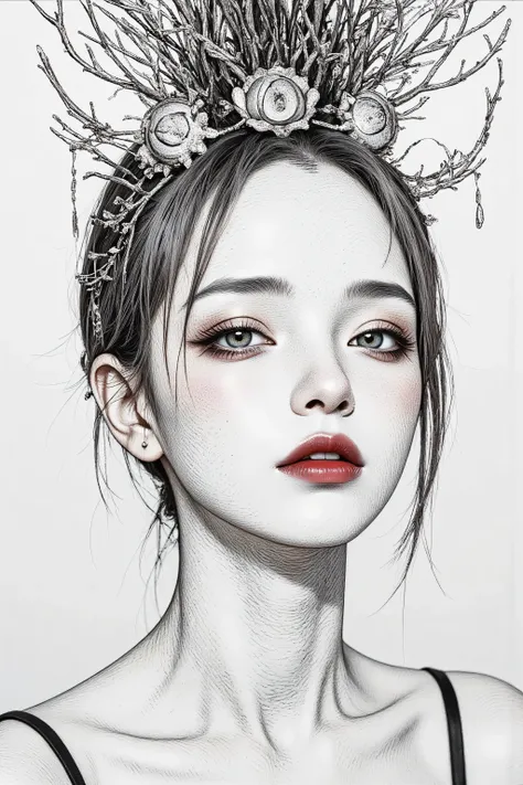 master piece:1.5、(minimal art, line drawing), woman、Black and white art:1.2、lips are red、Black and white world、silence、An ennui look、Densely drawn