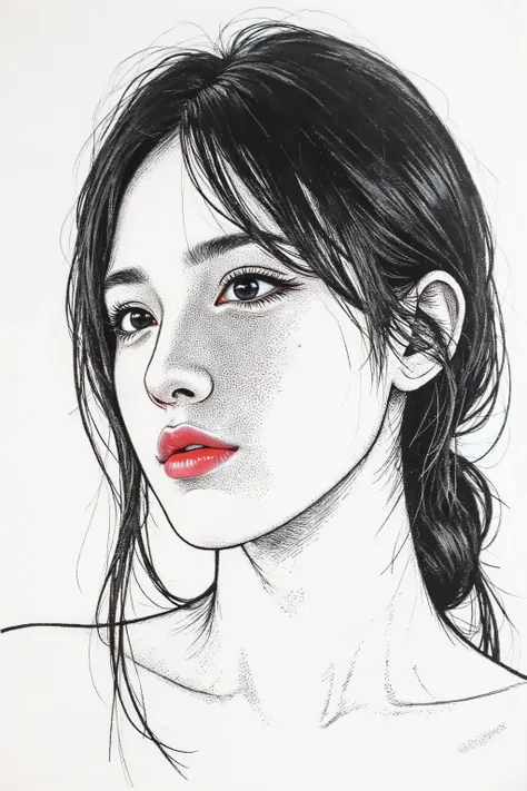 master piece:1.5、(minimal art, line drawing), woman、Black and white art:1.2、lips are red、Black and white world、silence、An ennui look、Densely drawn