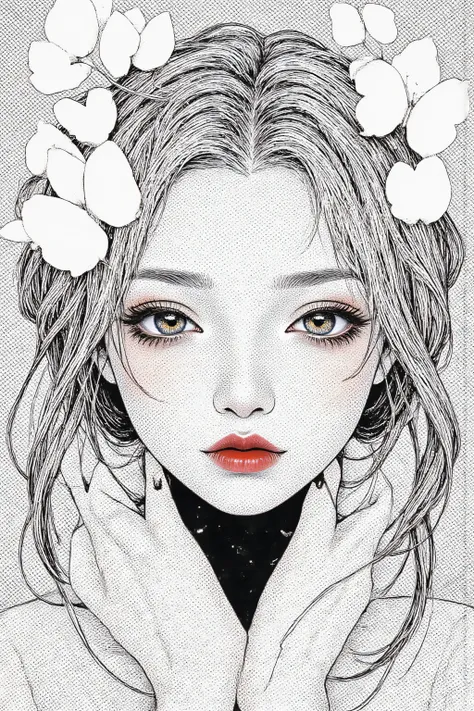 master piece:1.5、(minimal art, line drawing), woman、Black and white art:1.2、lips are red、Black and white world、silence、An ennui look、Densely drawn