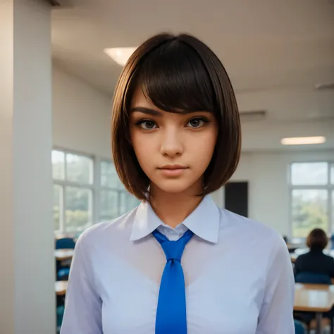 (Portrait), (face focus). A young high school student standing, dressed in school uniform, (bob hairstyle). The student appears from the front, reflecting a confident and serene posture. The scene uses bright, vibrant colors to create an energetic atmosphe...