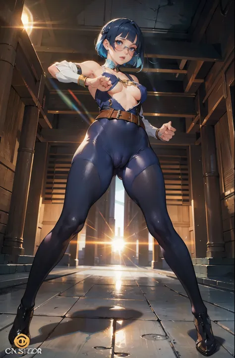 anime - style illustration of a woman in a leather clothing, shirtless:1.5, video game character, official character art, trending on cgstation, e-girl, cushart krenz key art feminine, full body, female action anime girl, blue bob hair, blunt bangs, sun-gl...