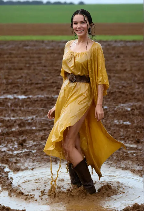 (masterpiece, best quality:1.2), cowboy shot, solo, 1girl, marianne von edmund, smile, looking at viewer, yellow dress, capelet, wet clothes, soaked, dripping wet, wet hair, wet skin, translucent, glistening with oil, fully clothed, wet muddy field