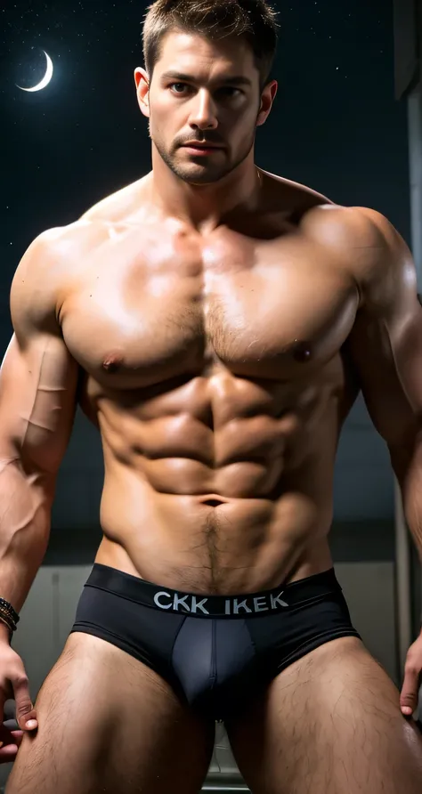 Chris Redfield 、Abdominal muscles、 chest muscles    、 CK underwear or briefs、Body hair、 full-body photo ，external，Moon and starry sky ，Show the body above the thigh,prison,With handcuffs