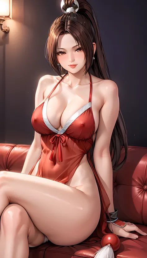 masterpiece,   of the highest quality , 
  realistic photo  ,  Sacimaer  ,   vibrant colors  ,   Light-Dark Lighting  ,     cannabis-themed   ,
1 woman, Mai Shiranui ((King of Fighters)))
 long hair,  brown hair ,  half-closed brown eyes  (half-closed eyes...