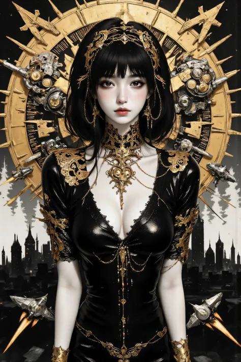 ((best quality)), ((masterpiece)), (detailed), perfect face of cyberpunk mecha japanese girl, shiny black eyes, shiny black body, shiny black hair, ((monochromatic black color palette)), surreal, art nouveau, in the illustrative style of moebius, spaceship...