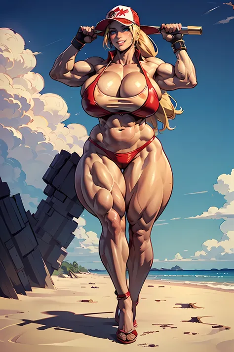 (masterpiece), best quality, (8k), ((beach background)), ((full body)), 1girl, solo, terry bogard girl, ((sit down legs spread open:1.3)), ((Micro bikini)), long blonde hair, ponytail, blue eyes, baseball cap, fingerless gloves, LONG LEGS, (Wide hips:1.3),...