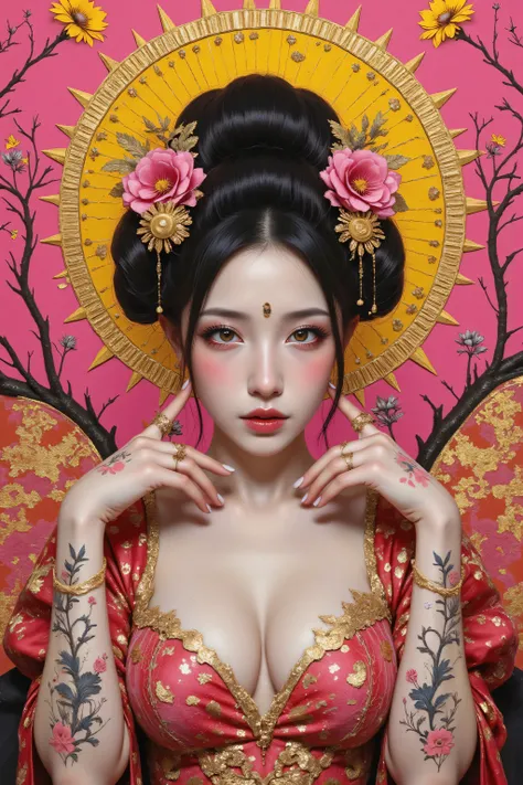 collage painting, many robot geishas, wires, buttons, circuits, vines, twigs, nature, science, dramatic, sexy, romanticism, cyberpunk, neo-classical, experimentalism, baroque, impressionism, expressionism, unexplained beauty, avant garde, art deco, art nou...