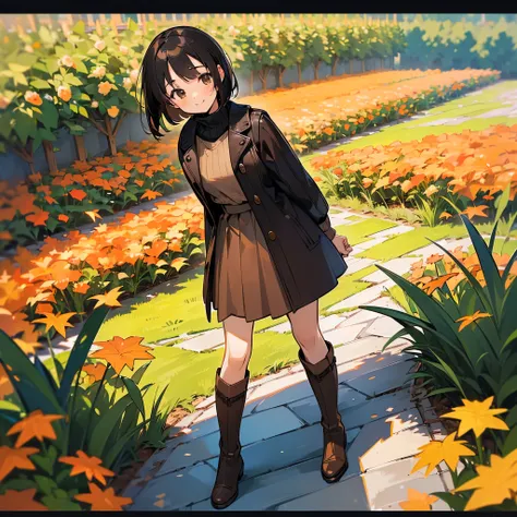 ( High Quality ,  high definition , Very detailed, reality:1.37), Peaceful atmosphere, (Outdoor, garden ,autumn),  teenage girl standing alone, Beautiful details,  cute smile with blush, (Black Bob), Ribbed sweater,Brown skirt, Black tights,  brown boots .