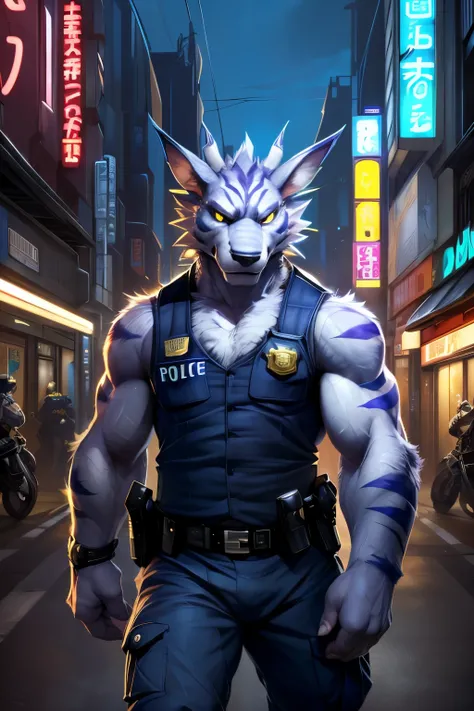 ((((by null-ghost, by darkgem, by kumak))), (weregarurumon), detailed fur, detailed eyes, finely detailed paws, tail, yellow iris, white sclera, safe, markings, male, solo, (police uniforn sleeveless:1.6), cargo pants, solo, muscular, fancy, a paws on the ...