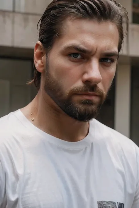 portrait of a man with short slicked back hair, nice full beard, hazel eyes, angry, he wears a white t-shirt